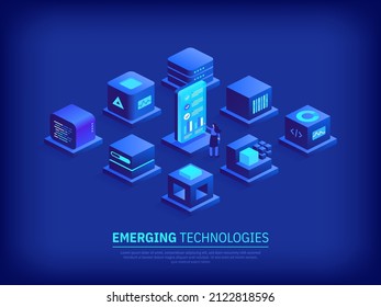 Emerging technologies and Digital innovation concept. Blockchain and cryptocurrency. Big data analysis and global database. Abstract futuristic cubes shapes. Vector illustration in isometry design