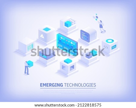 Emerging technologies and Digital innovation concept. Data analysis server room with working people. Cryptocurrency mining farm. Abstract futuristic cubes design. Vector illustration in isometry view