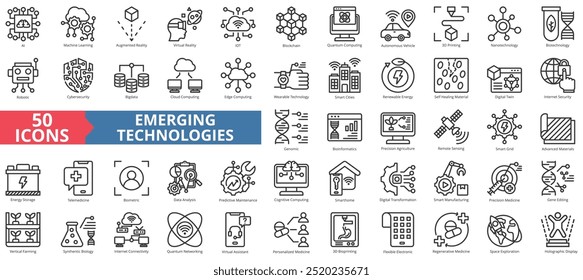 Emerging technologies icon collection set. Containing ai, machine learning, augmented, virtual reality, iot, blockchain, quantum computing, artificial technology icon. Simple line vector illustration.