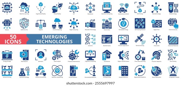 Emerging technologies icon collection set. Containing ai, machine learning, augmented, virtual reality, iot, blockchain, quantum computing, artificial technology icon. Simple flat vector illustration.