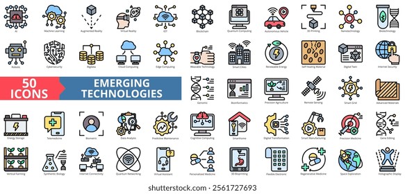 Emerging technologies icon collection set. Containing ai, machine learning, augmented, virtual reality, iot, blockchain, quantum computing, artificial technology icon. Simple flat outline vector