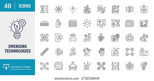 Conjunto de iconos de tecnologías emergentes. Incluye IA, aprendizaje automático, realidad virtual aumentada, iot, blockchain, computación cuántica, tecnología artificial y más. Ilustración vectorial 
