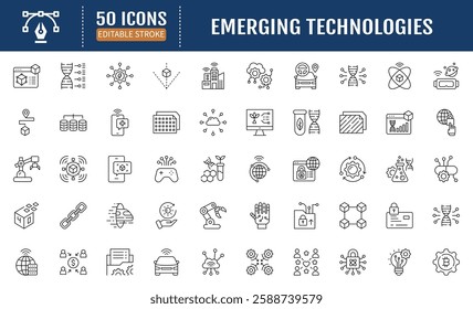 Emerging technologies line editable icon set. Containing ai, machine learning, augmented, virtual reality, iot, blockchain, quantum computing, artificial technology and more. Vector illustration