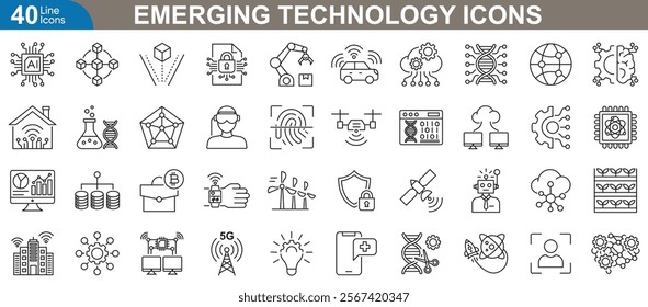 Emerging technology icons set. Related machine learning, blockchain, quantum computing, augmented reality, 5G connectivity, cybersecurity, internet and more. vector illustration.