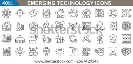 Emerging technology icons set. Related machine learning, blockchain, quantum computing, augmented reality, 5G connectivity, cybersecurity, internet and more. vector illustration.