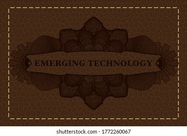 Emerging Technology text inside Linear currency brown leather realistic emblem. Wallet handsome background. Intense illustration. 
