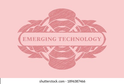 Emerging Technology text inside Pink stroke realistic badge. Rose color classic background. Illustration. 
