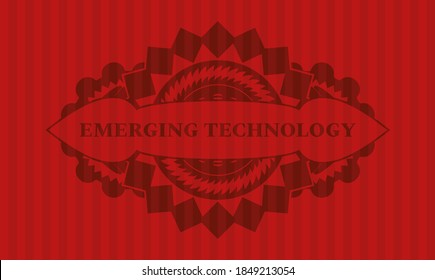 Emerging Technology text inside red color realistic badge. Bars chic background. Artistic illustration. 