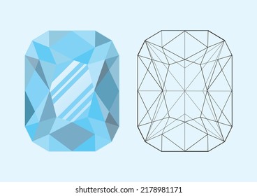 Emerld Shape Diamond Cut Shape And Design Diagrams Vector Illustration, Isolated On Cyan Background. Diamond Line Drawing On Cyan Background