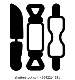 Emery, roller and knife for clay sculpting solid icon, pottery making concept. Vector graphics. Pottery tools, utensils sign on white background, style mobile or design