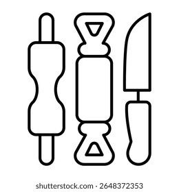 Emery, rolo e faca para argila esculpindo ícone de linha fina, cerâmica fazendo conceito. Gráficos vetoriais. Ferramentas de cerâmica, utensílios assinam no fundo branco, estilo móvel ou design