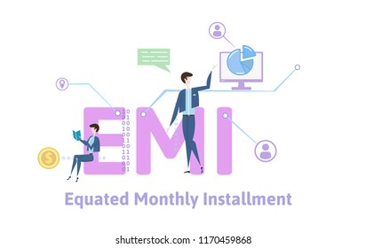 EMI, equated monthly installment. Concept with keywords, letters and icons. Colored flat vector illustration on white background.