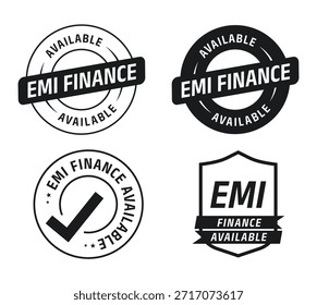 Ilustración vectorial de conjunto de insignias 'EMI Finance Available'.  Un conjunto limpio y moderno de insignias “EMI Finance Available” con sellos circulares e iconos de estilo escudo en blanco y negro