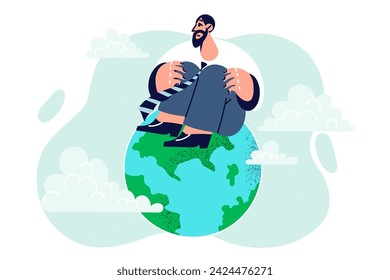 Emigrant man sits on globe, choosing suitable country for business trip or emigration. Concept of emigration caused by bad financial situation or high taxes on salaries and dividends