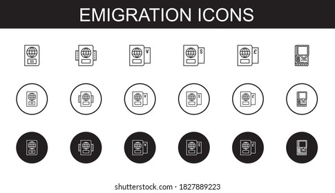 emigration icons set. Collection of emigration with passport. Editable and scalable emigration icons.
