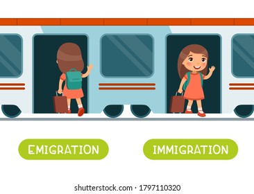 Emigration and immigration antonyms word card vector template. Opposites concept. Flashcard for english language learning. Little girl with a suitcase enters the train, the child gets out 