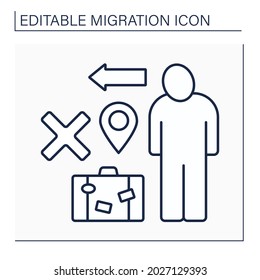 Emigration line icon. Relocation ban. Troubles with temporary movement to another country. Migration concept. Isolated vector illustration. Editable stroke