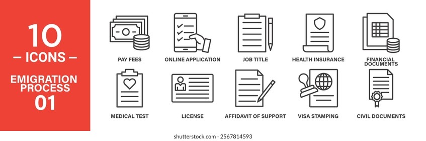 Emigration Process Icon Set: 10 Editable Vector Icons Highlighting Visa Stamping, Health Insurance, and Civil Documentation.