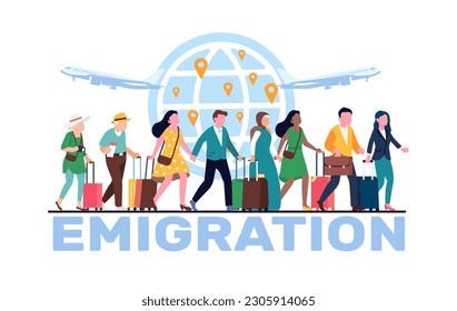 Emigración, reubicación de personas, hombres y mujeres con equipaje parados en fila esperando volar a otro país. Salir de casa. Estilo plano de caricatura sobre migración global