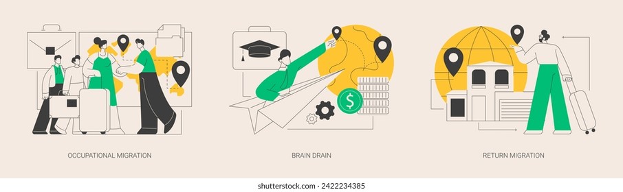 Emigration of trained workers abstract concept vector illustration set. Occupational migration, brain drain, repatriation grant, human capital, foreign citizens, work and travel abstract metaphor.