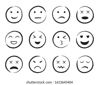 Emiji Smile Face Hand Drawn Style. Happy, Sad, Angry Face Doodle Icon. Emoji For Social Media. Cartoon People Faces On Isolated Background. Expression Emotion Line Style. Design Vector Illustration