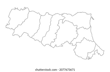 Emilia Romagna line vector map contour silhouette illustration with provinces isolated on white background. Italy territory map. Italian region with borders.