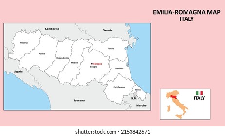 Emilia Romagna Map. Political map of Emilia Romagna with boundaries in white color.