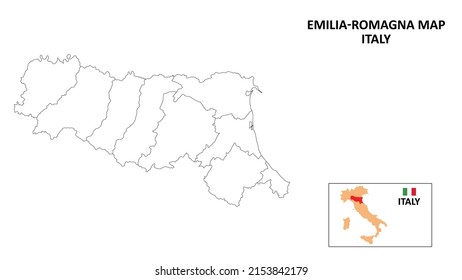 Emilia Romagna Map. State and district map of Emilia Romagna. Political map of Emilia Romagna with outline and black and white design.