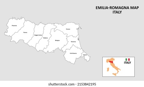 Emilia Romagna Map. State and district map of Emilia Romagna. Administrative map of Emilia Romagna with district and capital in white color.