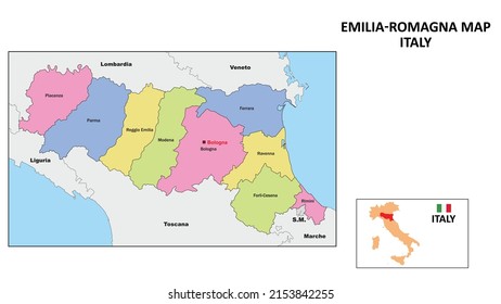 Emilia Romagna Map. State and district map of Emilia Romagna. Political map of Emilia Romagna with neighboring countries and borders.