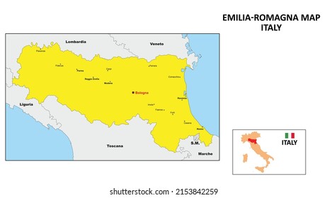 Emilia Romagna Map. State and district map of Emilia Romagna. Political map of Emilia Romagna with the major district