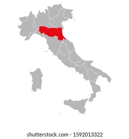 Emilia romagna marked red on italy map. Gray background. Italian political map.