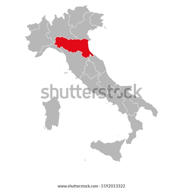 イタリアの地図に赤いマークが付いたエミリア ロマーニャ グレイの背景 イタリアの政治地図 のベクター画像素材 ロイヤリティフリー