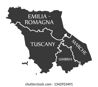 Emilia - Romagna - Tuscany - Marche - Umbria region map Italy