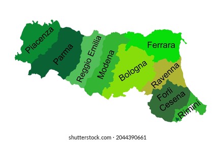 Emilia Romagna vector map silhouette with provinces isolated on white background. Italy territory map. Italian  region with borders.