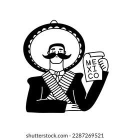 Emiliano Zapata mexican revolutionary hero character in doodle style. Male mexican with crossed ammunition belts, sombrero and paper sheet. Linear isolated vector illustration black on white.