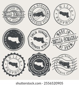 Emilia-Romagna, Italy Set of Stamps. Country Travel Marks. Made In Product. Design Seals Old Style Insignia.