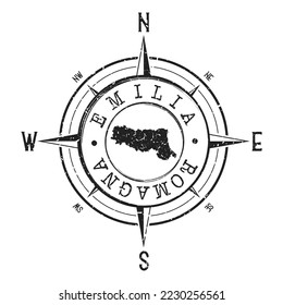 Emilia-Romagna, Italy Stamp Map Compass Adventure. Illustration Travel Country Symbol. Seal Expedition Wind Rose Icon.
