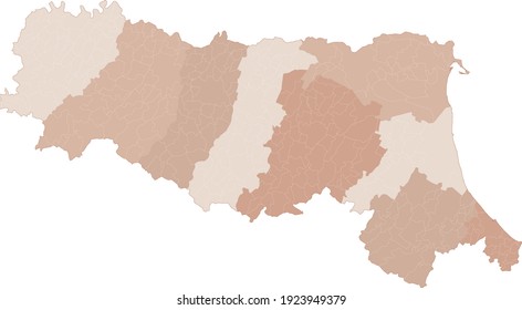 Emilia-Romagna map, division by provinces and municipalities. Closed and perfectly editable polygons, polygon fill and color paths editable at will. Levels. Political geographic map. Italy