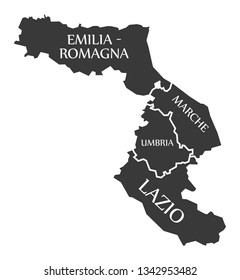 Emilia-Romagna - Marche - Umbria - Lazio region map Italy
