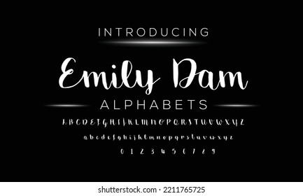 Emily Dam Handwritten script font. Brush font. Uppercase, lowercase, numbers, punctuation and a lot of ligatures