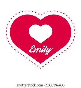 Emily woman name with heart symbol . Can be used as object for name-day, greeting card, romantic illustration.