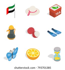 Emirate icons set. Isometric set of 9 emirate vector icons for web isolated on white background