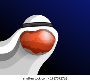 The Emirates Mars Mission - UAE Space Program For Exploration Of Red Planet. Mars In Traditional Arabic Clothes. VEctor Illustration.