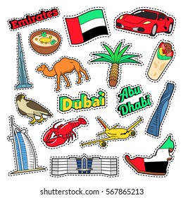 Emirates Travel Elements with Architecture and Palm Tree. Vector Doodle