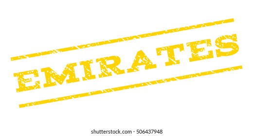 Emirates watermark stamp. Text caption between parallel lines with grunge design style. Rubber seal stamp with dust texture. Vector yellow color ink imprint on a white background.