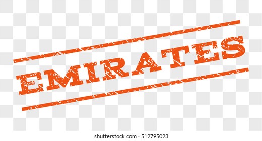 Emirates watermark stamp. Text caption between parallel lines with grunge design style. Rubber seal stamp with scratched texture. Vector orange color ink imprint on a chess transparent background.