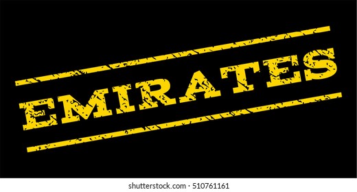 Emirates watermark stamp. Text tag between parallel lines with grunge design style. Rubber seal stamp with dust texture. Vector yellow color ink imprint on a blue background.