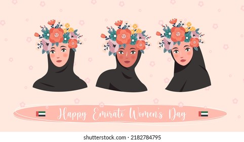 Emirates Women's Day Design with Female with Hijab Vector Illustration. Emirati Womens Day Template Suitable for Poster Banner Flyer Background. UAE Women's Day August.