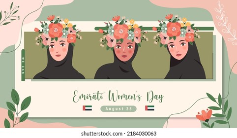 Emirates Women's Day Design with Female with Hijab Vector Illustration. Emirati Womens Day Template Suitable for Poster Banner Flyer Background. UAE Women's Day August.